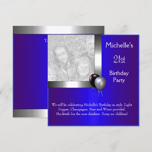 Elegant Photo Blue Silver Balloon 21st Birthday 5.25x5.25 Square Paper Invitation Car...
