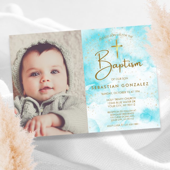 Elegant Photo Blue Watercolor Gold Cross Baptism Invitation (Creator Uploaded)