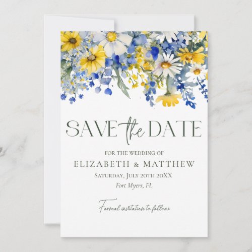 Elegant Photo Blue Yellow Wildflowers Boho Wedding Save The Date
