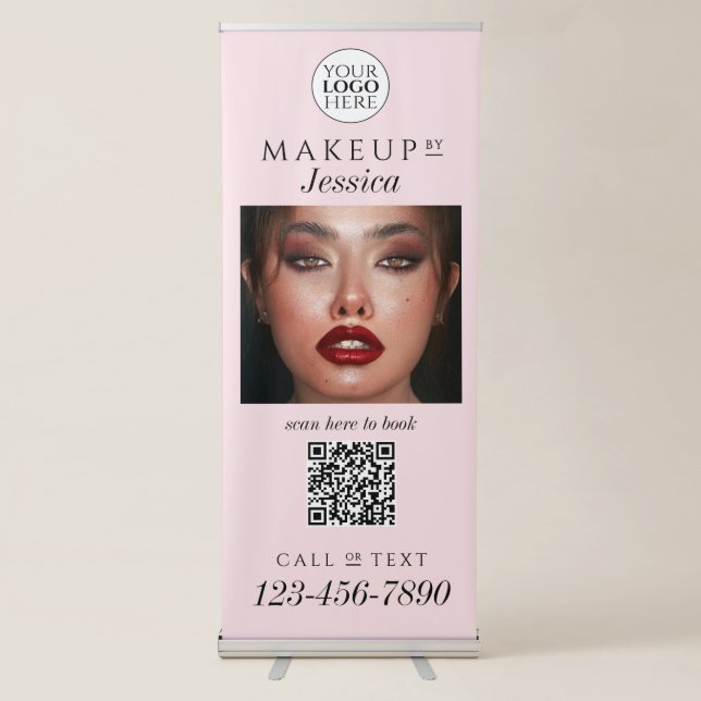 Elegant Photo Blush Pink QR Code Logo Makeup Retractable Banner (Front)