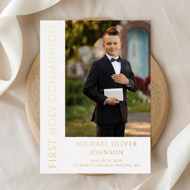 Elegant Photo Boy First Communion Gold Foil Invitation (Elegant Photo Boy First Communion Gold Foil Invitation)