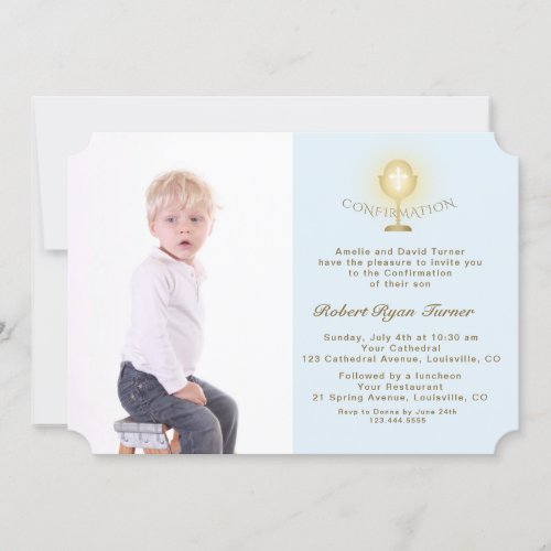 Elegant Photo Boy Gold Chalice Confirmation Invitation