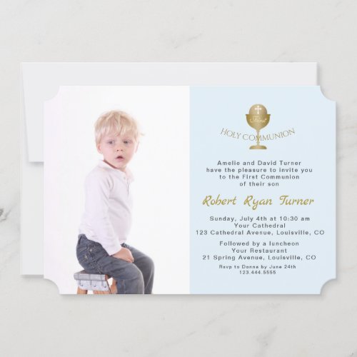 Elegant Photo Boy Gold Chalice Holy Communion Invitation