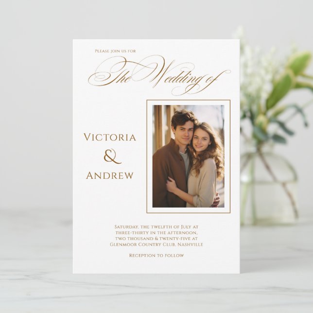 Elegant Photo Brown Modern Wedding Invitation (Standing Front)