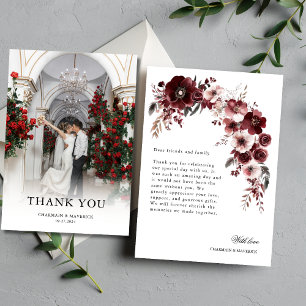 Elegant Photo Burgundy Floral Wedding Thank You Card
