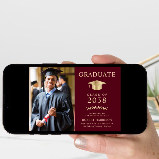 Elegant Photo Burgundy Gold College Graduation Announcement (Front Digital)