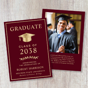 Elegant Photo Burgundy Gold College Graduation Announcement