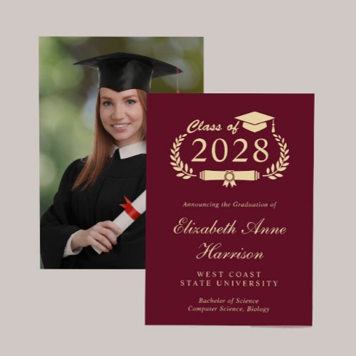 Elegant Photo Burgundy Gold College Graduation Announcement