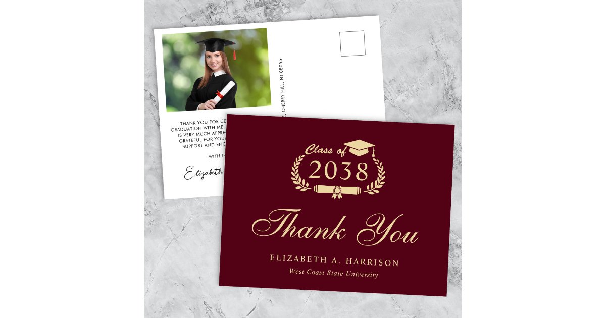 Elegant Photo Burgundy Gold Graduation Thank You Postcard | Zazzle