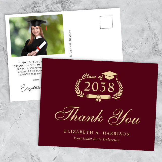 Elegant Photo Burgundy Gold Graduation Thank You Postcard | Zazzle