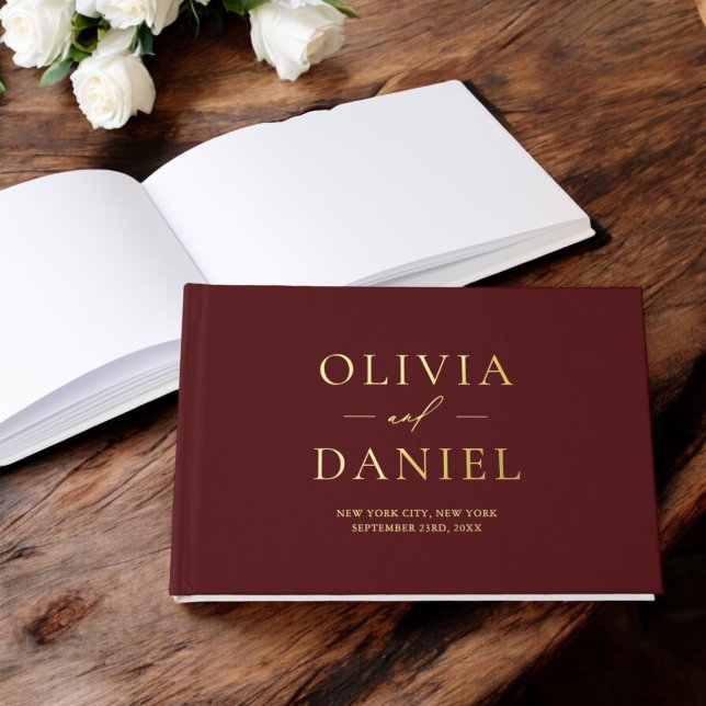 Elegant Photo Burgundy Gold Modern Minimalist Foil Guest Book (Creator Uploaded)