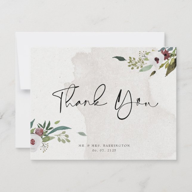 Elegant Photo Burgundy Greenery Watercolor  Thank You Card (Front)