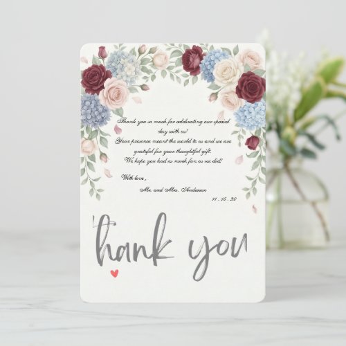 Elegant Photo Burgundy Roses Wedding  Thank You Card