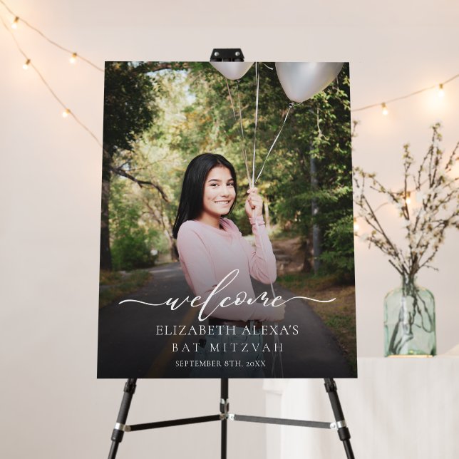Elegant Photo Calligraphy Bat Mizvah Welcome Sign (In Situ (Stand))