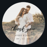 Elegant Photo Calligraphy Favor Thank You Wedding  Classic Round Sticker<br><div class="desc">Elegant Photo Calligraphy Favor Thank You Wedding Classic Round Stickers</div>