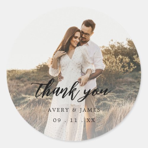 Elegant Photo Calligraphy Favor Thank You Wedding  Classic Round Sticker