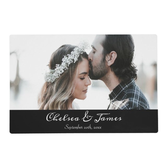 Elegant Photo Calligraphy Name Wedding Black  Placemat (Front)