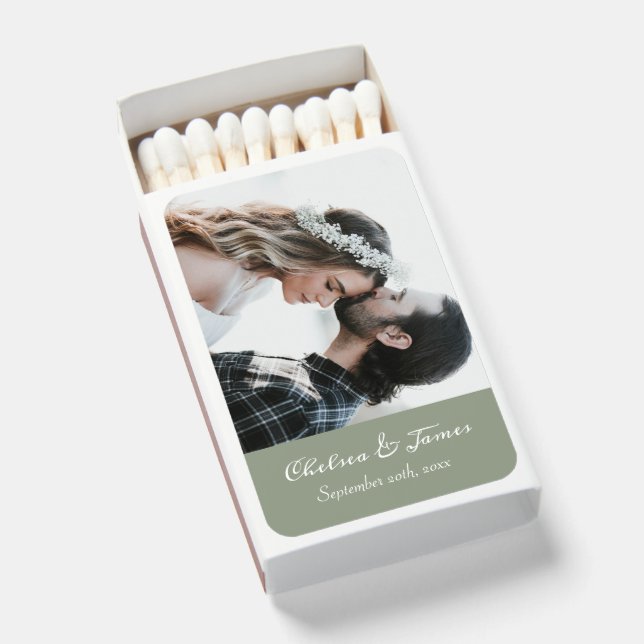  Elegant Photo Calligraphy Sage Green Wedding  Matchboxes (Front Open)