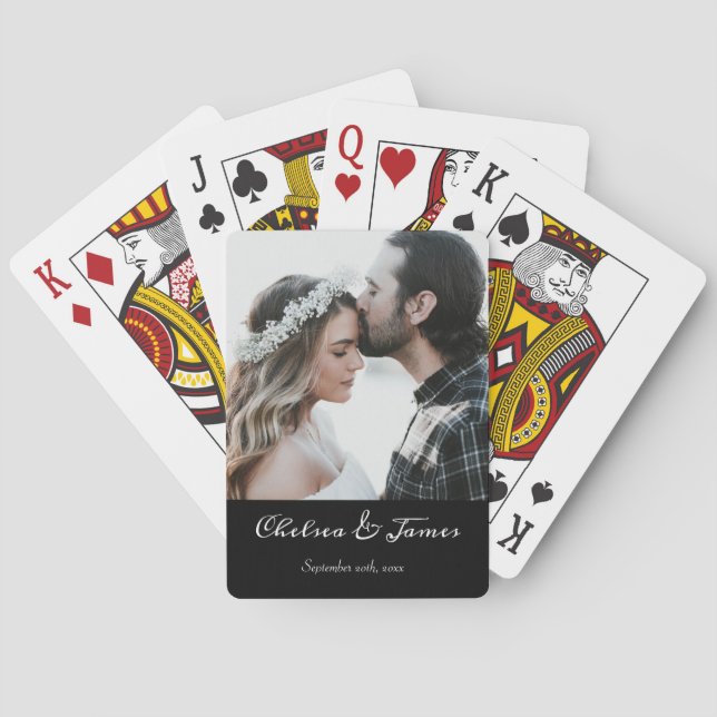 Elegant Photo Calligraphy Wedding Black & White  Poker Cards (Back)