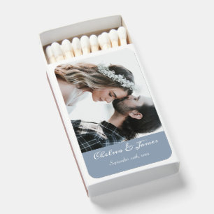 Elegant Photo Calligraphy Wedding Dusty Blue Matchboxes