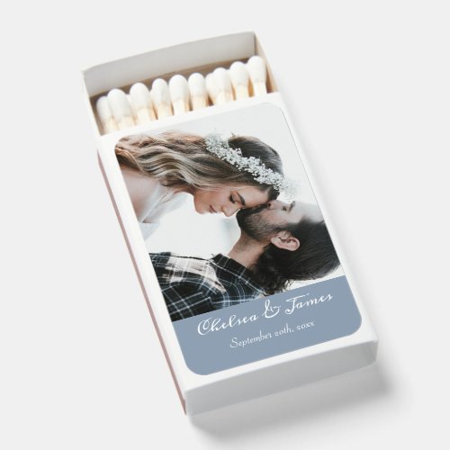 Elegant Photo Calligraphy Wedding Dusty Blue  Matchboxes