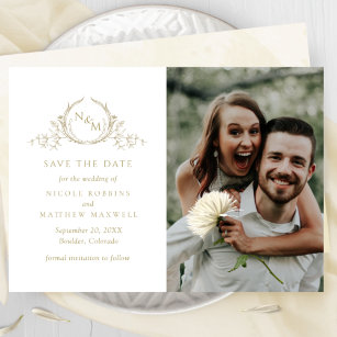 Classic & Traditional Wedding Save the Date with Monogram Crest in Navy Blue  and Gold with Envelope and Guest Addressing — Other Colors!