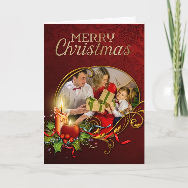Elegant Photo Christmas Card with Glowing Candle (Front)