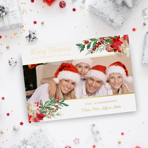 Elegant Photo Classic Merry Christmas Poinsettias  Foil Holiday Card
