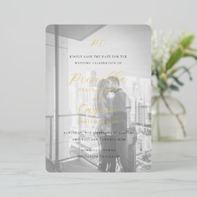Elegant Photo Classic Wedding Save the Date Foil Invitation (Standing Front)