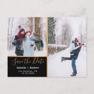 Elegant Photo Collage Black Gold Save the Date Announcement Postcard
