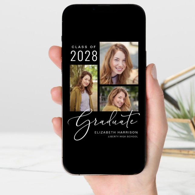 Elegant Photo Collage Black Graduation Announcement (Front Digital)