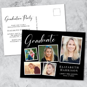 Elegant Photo Collage Black Graduation Party Invitation Postcard