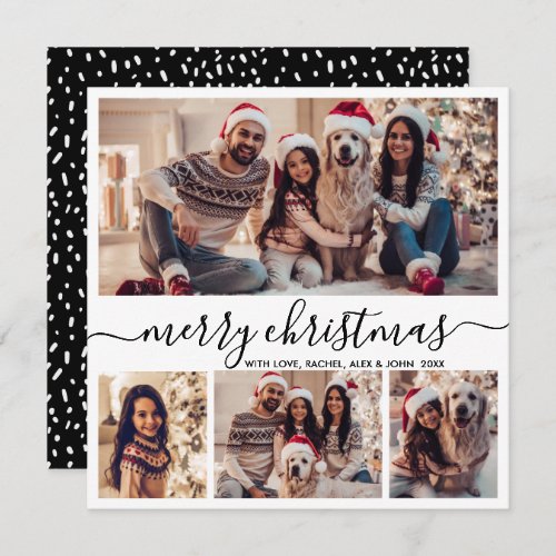 Elegant Photo Collage Black Script Snowy Christmas Holiday Card