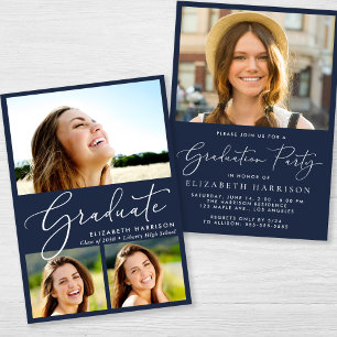Elegant Photo Collage Blue Graduation Party Invitation