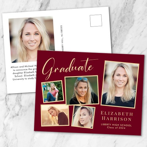 Elegant Photo Collage Burgundy Gold Graduation Announcement Postcard