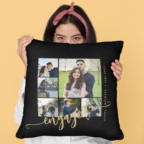 Elegant photo collage gold script engaged couple throw pillow