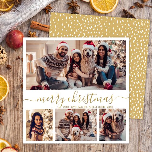 Elegant Photo Collage Gold Script Snowy Christmas Holiday Card