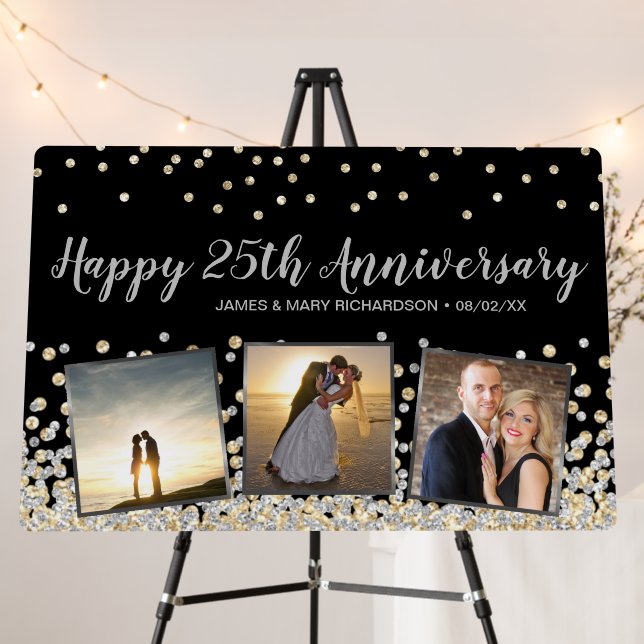 Elegant Photo Collage Gold Silver 25th Anniversary Foam Board (In Situ (Stand))
