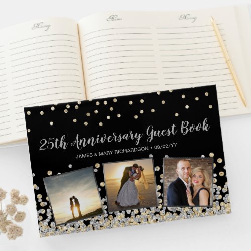 Elegant Photo Collage Gold Silver 25th Anniversary Guest Book