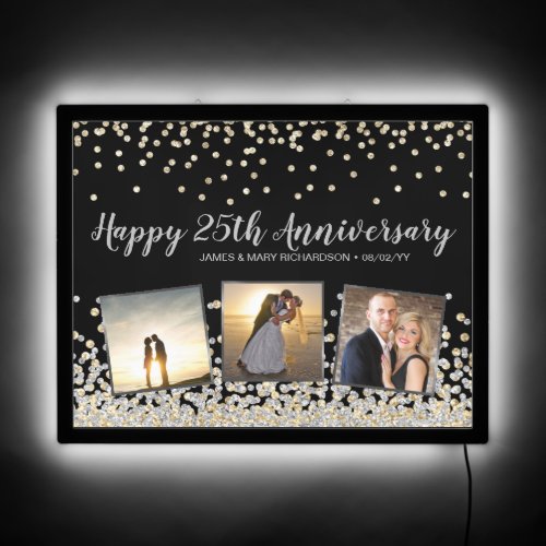 Elegant Photo Collage Gold Silver 25th Anniversary LED Sign