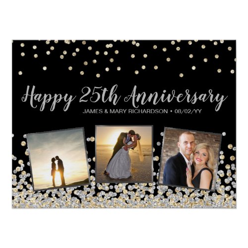 Elegant Photo Collage Gold Silver 25th Anniversary Poster
