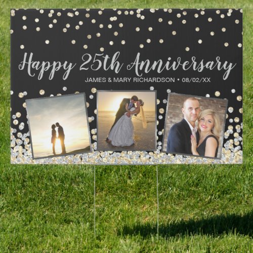 Elegant Photo Collage Gold Silver 25th Anniversary Sign