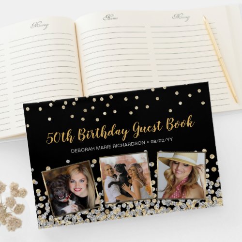 Elegant Photo Collage Gold Silver 50th Birthday Guest Book