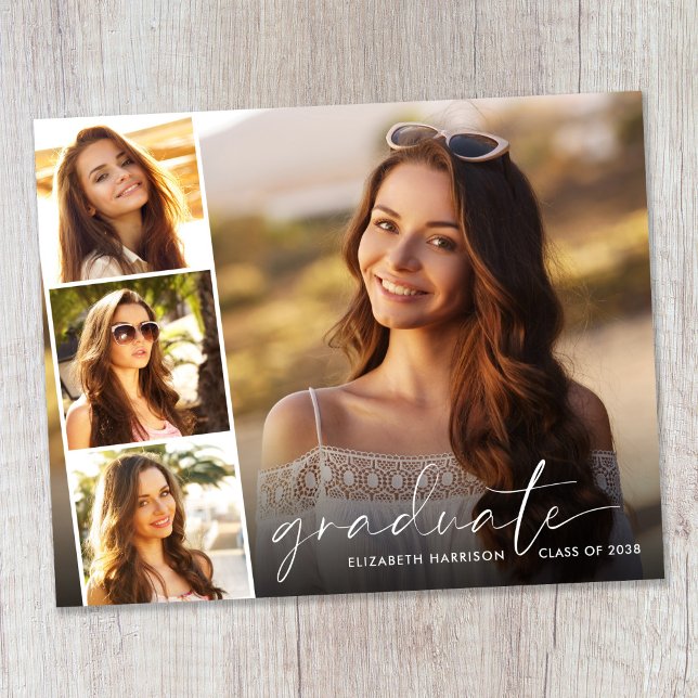 Elegant Photo Collage Graduation Announcement (Budget White Script Photo Graduation Announcement)