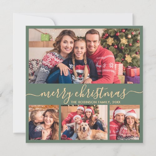 Elegant Photo Collage Green Gold Script Christmas Holiday Card
