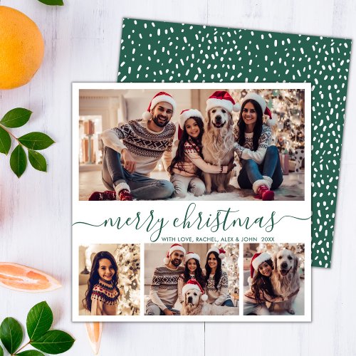 Elegant Photo Collage Green Script Snowy Christmas Holiday Card