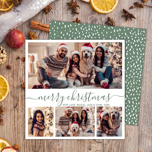 Elegant Photo Collage Green Script Snowy Christmas Holiday Card
