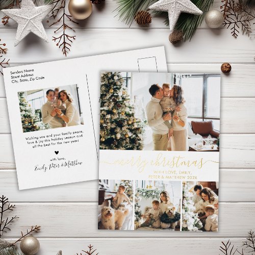 Elegant Photo Collage Holiday Gold Foil Postcard