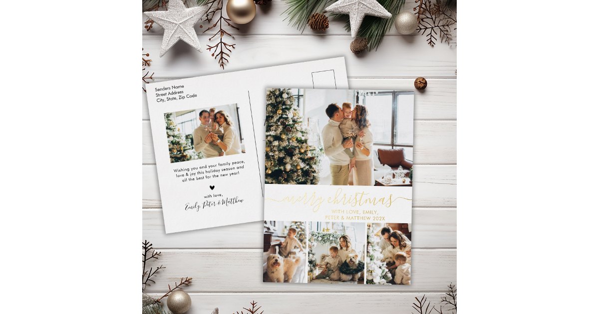 Elegant Photo Collage Holiday Gold Foil Postcard | Zazzle