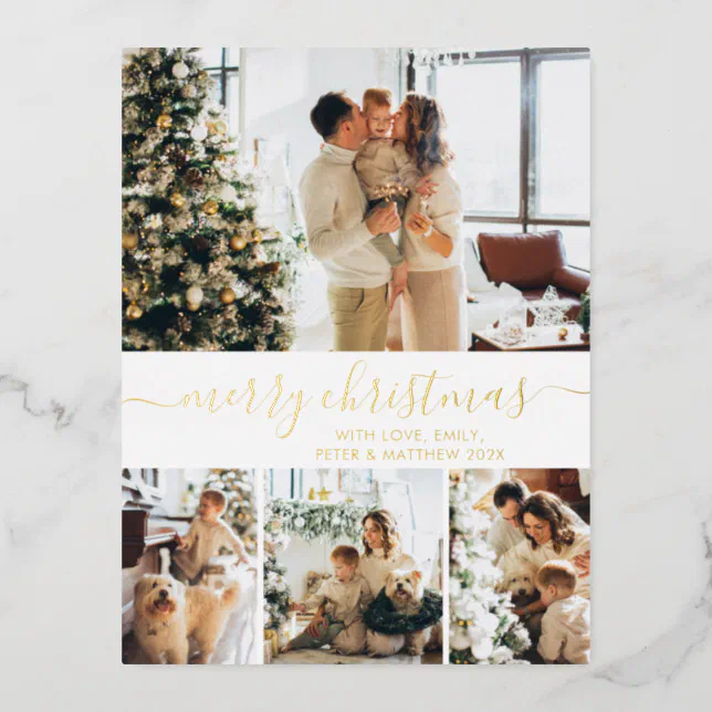 Elegant Photo Collage Holiday Gold Foil Postcard | Zazzle